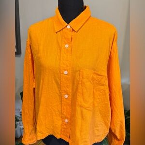 Everlane Orange Boxy Cropped Button-Up Linen Shirt